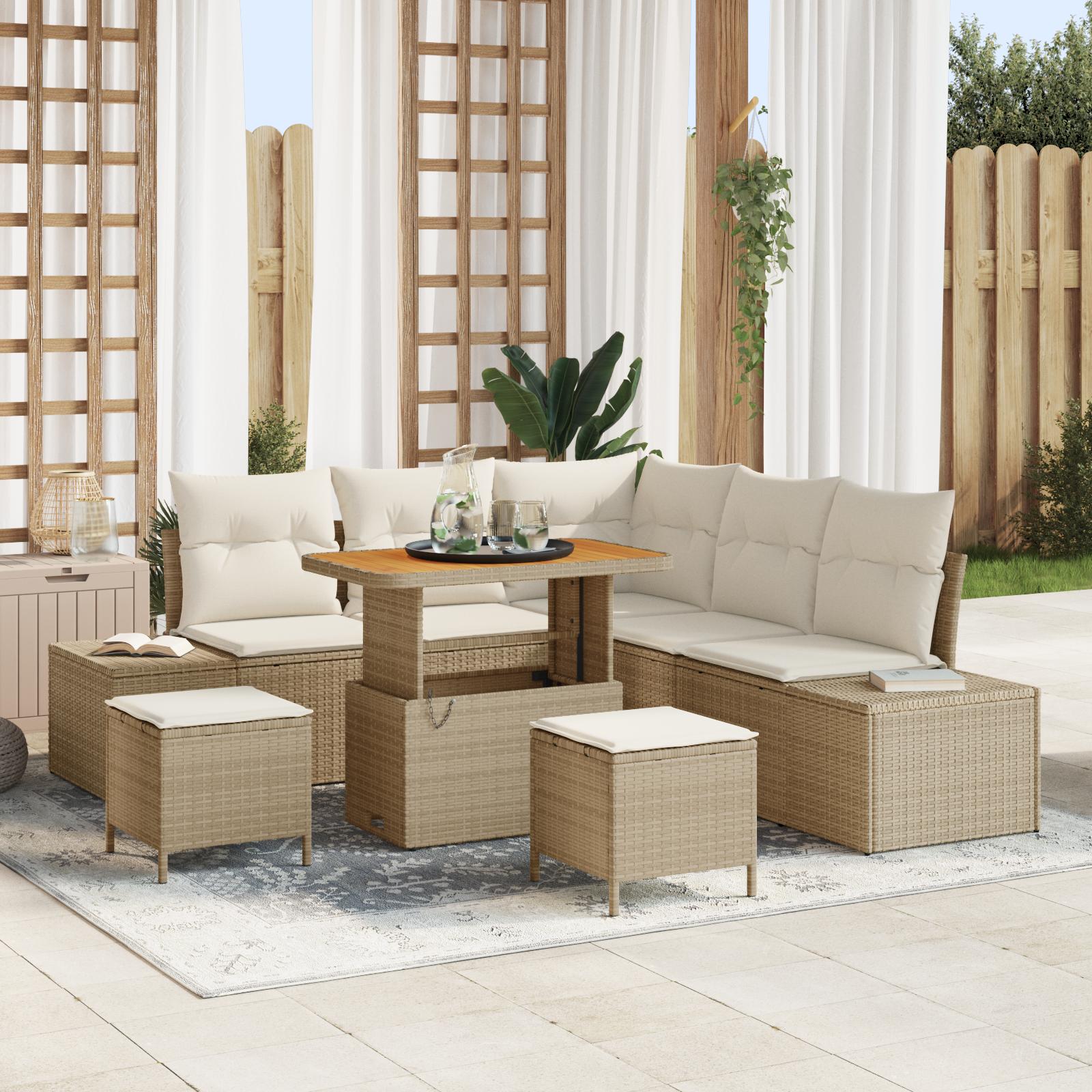 8 Delers Have Sofa Sæt med Puder Beige Poly Rattan Akacia&& 2-Sæders Have Sofa med Opbevaring & Puder Beige Poly Rattan&& 3 Delers Have Spise Sæt med Puder Beige Poly Rattan Akacia
