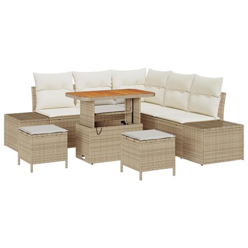 8 Delers Have Sofa Sæt med Puder Beige Poly Rattan Akacia&& 2-Sæders Have Sofa med Opbevaring & Puder Beige Poly Rattan&& 3 Delers Have Spise Sæt med Puder Beige Poly Rattan Akacia
