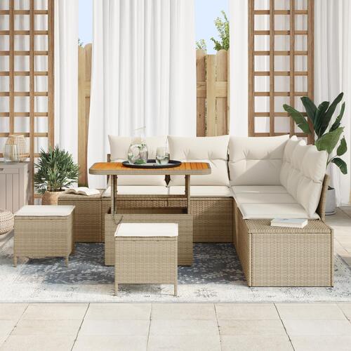 8 Delers Have Sofa Sæt med Puder Beige Poly Rattan Akacia&& 2-Sæders Have Sofa med Opbevaring & Puder Beige Poly Rattan&& 3 Delers Have Spise Sæt med Puder Beige Poly Rattan Akacia