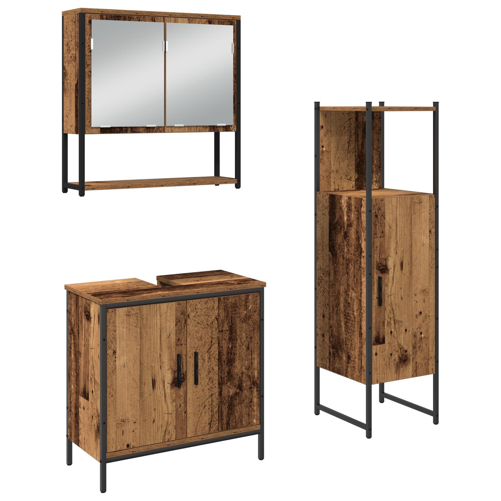 3-delt badeværelsesmøbel sæt i gammelt træ og konstrueret træ