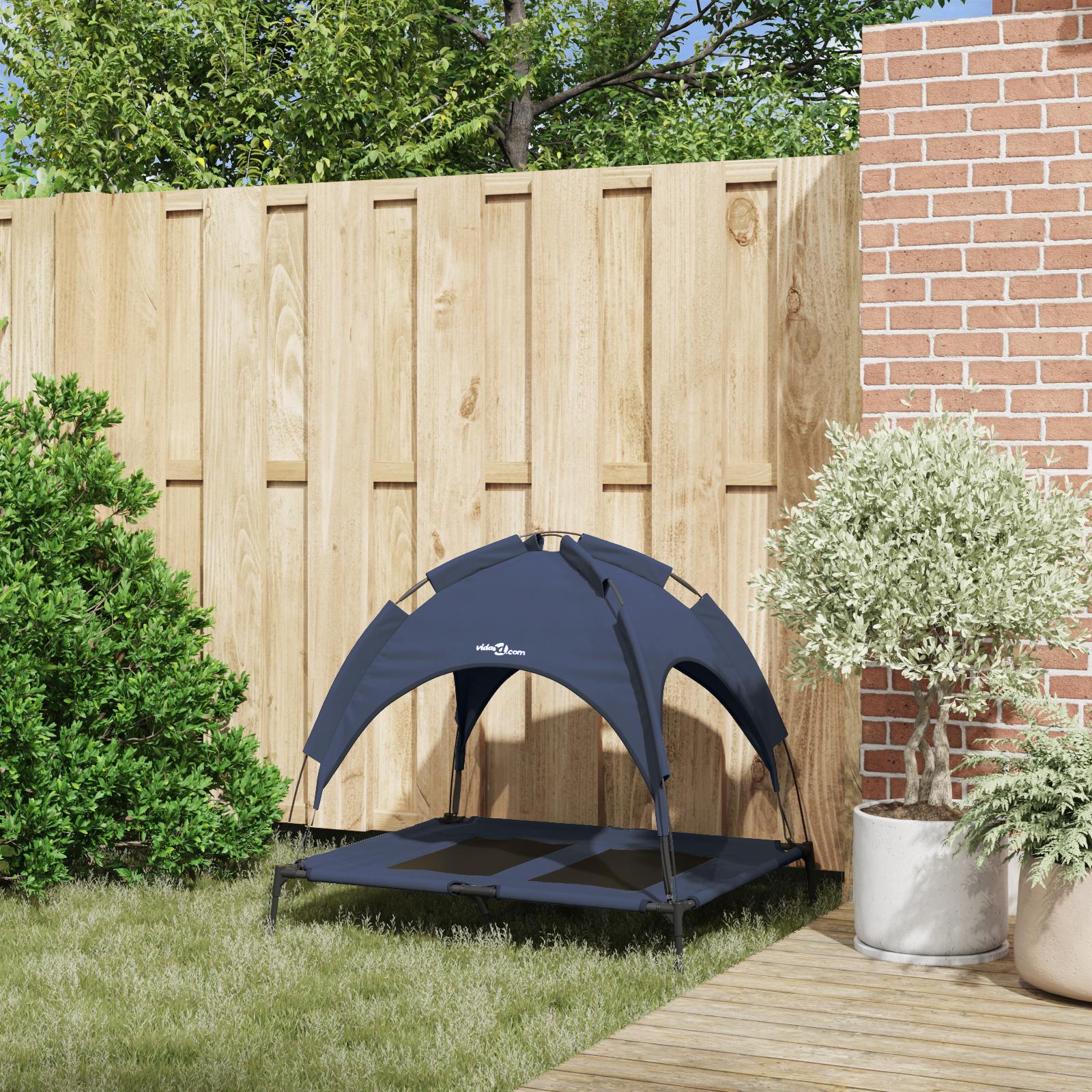 Hævet hundeseng med aftageligt tag Marineblå L Stål