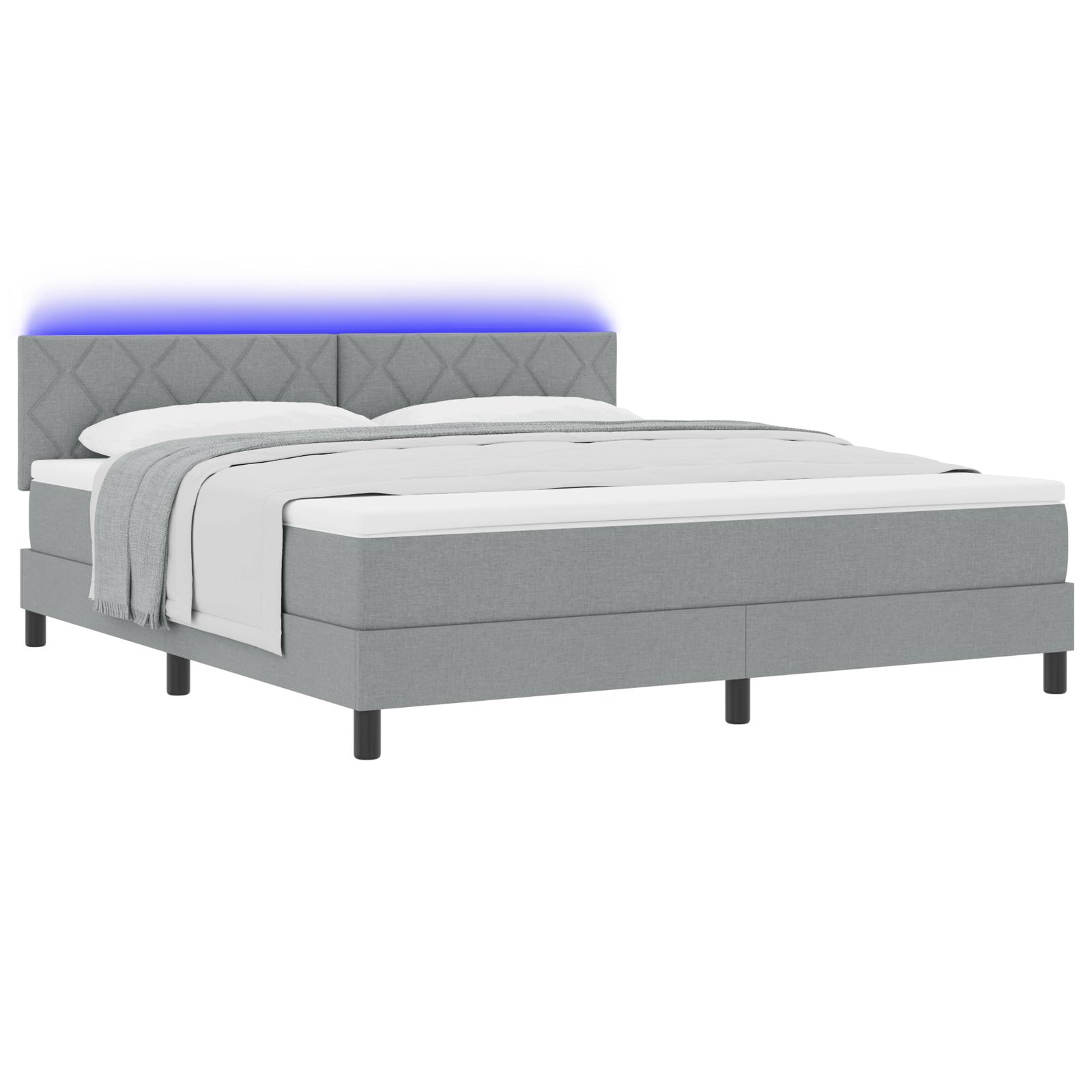 Box Spring Seng med Madras & LED Lys Grå 180x200 cm Stof