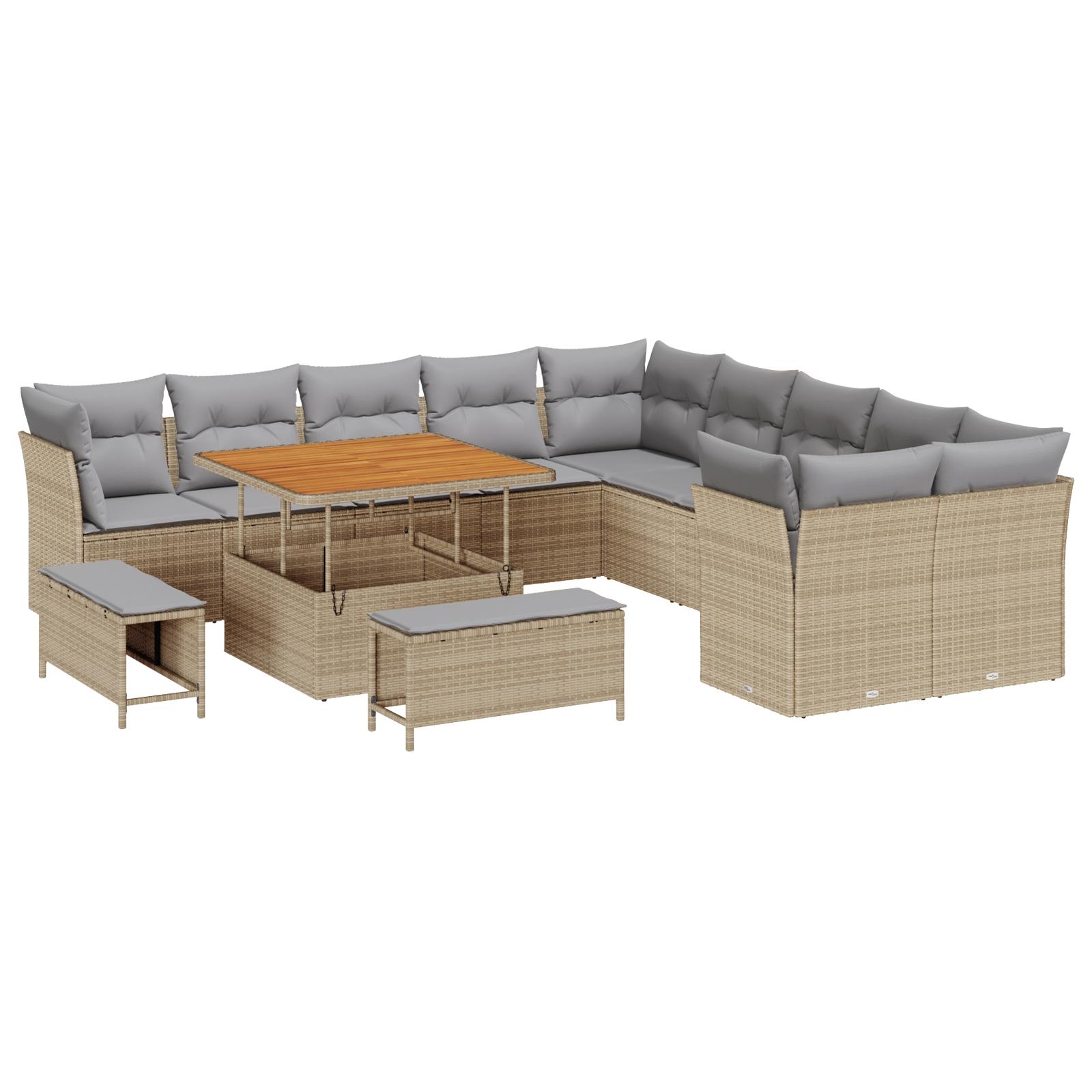 13 Stykke Have Sofa Sæt med Hynder Beige Poly Rattan Akacia,  3 Stykke Have Spisesæt med Hynder Beige Poly Rattan Akacia