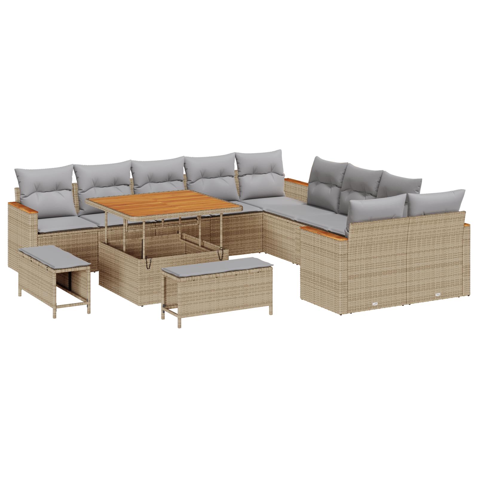 13 Piece Have Sofa Sæt med Hynder Beige Poly Rattan Akacie,  3 Piece Have Spisesæt med Hynder Beige Poly Rattan Akacie