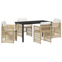 5-delt have spisebord sæt med puder beige poly rattan, havebord sort 140x80x73 cm hærdet glas