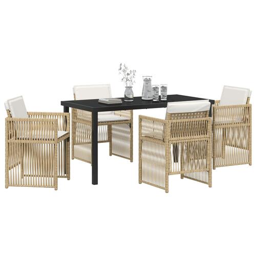 5-delt have spisebord sæt med puder beige poly rattan, havebord sort 140x80x73 cm hærdet glas