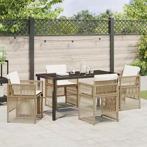 5-delt have spisebord sæt med puder beige poly rattan, havebord sort 140x80x73 cm hærdet glas