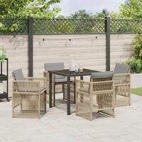 5-delt have spisebord sæt med puder beige poly rattan, havebord sort 80x80x73 cm hærdet glas