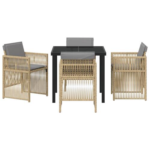 5-delt have spisebord sæt med puder beige poly rattan, havebord sort 80x80x73 cm hærdet glas