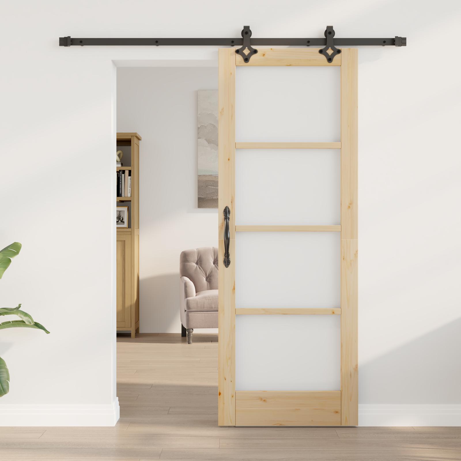 Skydedør med hardware sæt "ORKDAL" Massivt træ & glas,  indvendig dør med glas "ORKDAL" 73,5x198,5x4 cm Massivt træ fyrretræ