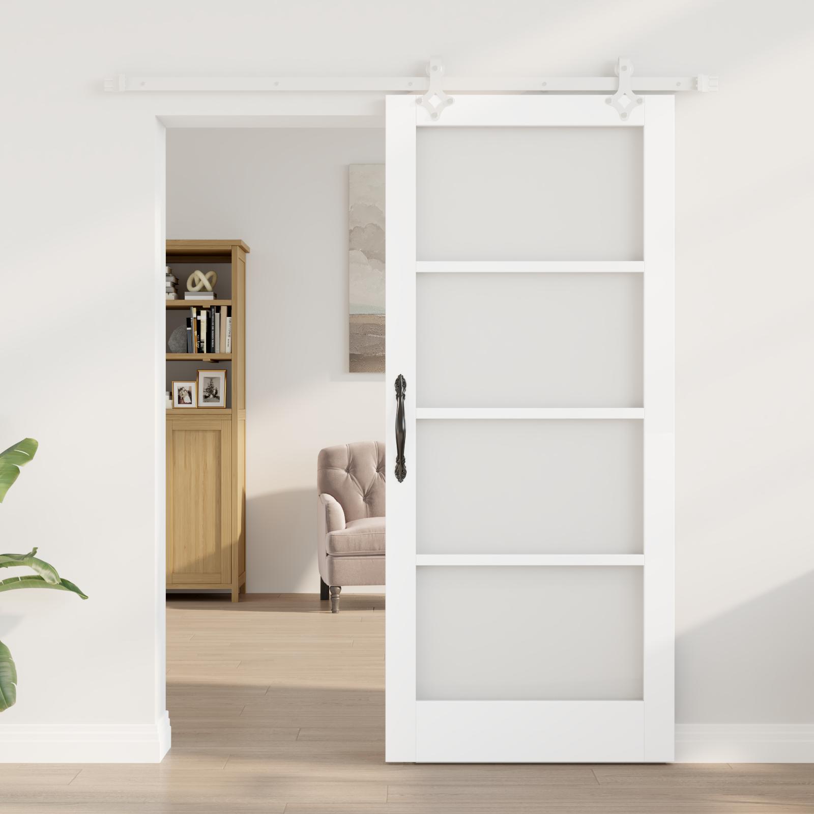 Skyde dør med hardware sæt Hvid 86x198,5 cm Solidt træ fyr,  indvendig dør med glas 'ORKDAL'Hvid 86x198,5x4 cm