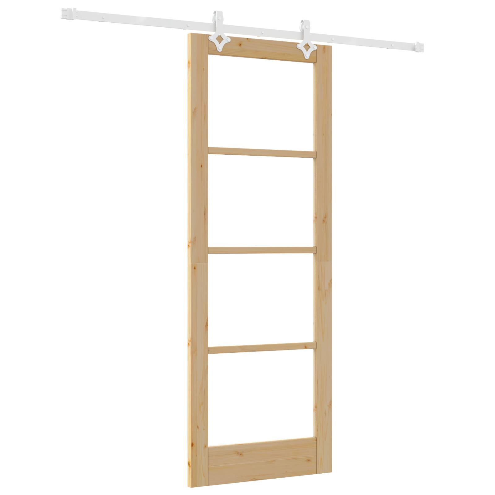 Skydedør med hardware sæt 78x211 cm massivt fyrretræ,  indvendig dør med glas 'ORKDAL'78x211x4 cm massivt fyrretræ