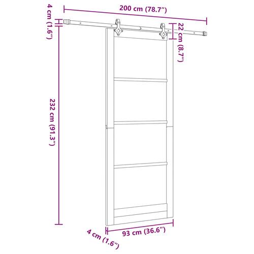 Glidende dør med hardware sæt Hvid 93x232 cm Massivt træ fyrretræ, indvendig dør med glas 'ORKDAL'Hvid 93x232x4 cm