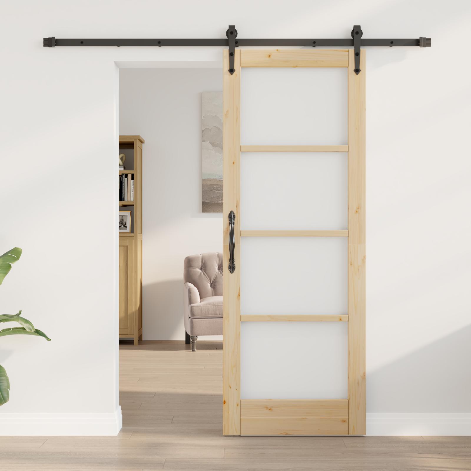 Skydedør i fyrretræ med glas - naturlig/sort 73,5 × 198,5 cm