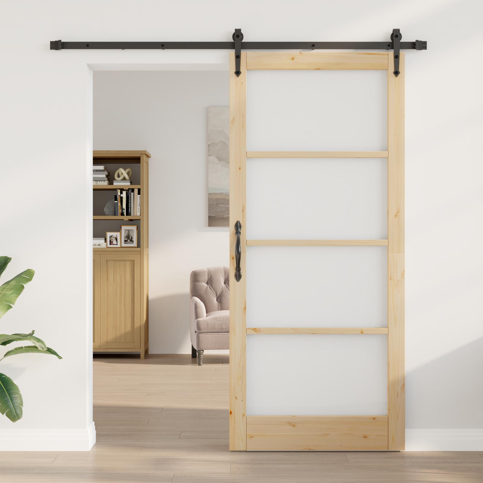 Skydedør i massivt fyrretræ med glas - naturlig/sort, 93 × 211 cm billede