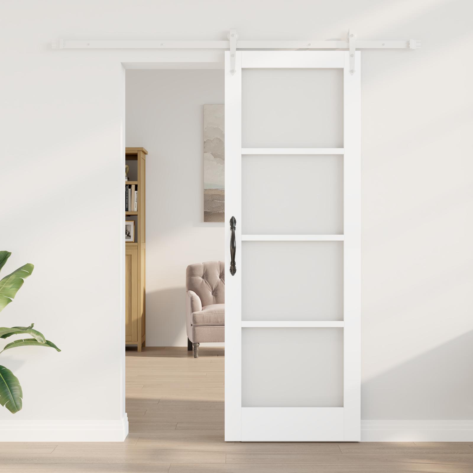 Glidende dør med hardware sæt hvid 73,5x211 cm solidt fyrretræ,  indvendig dør med glas 'ORKDAL'hvid 73,5x211x4 cm
