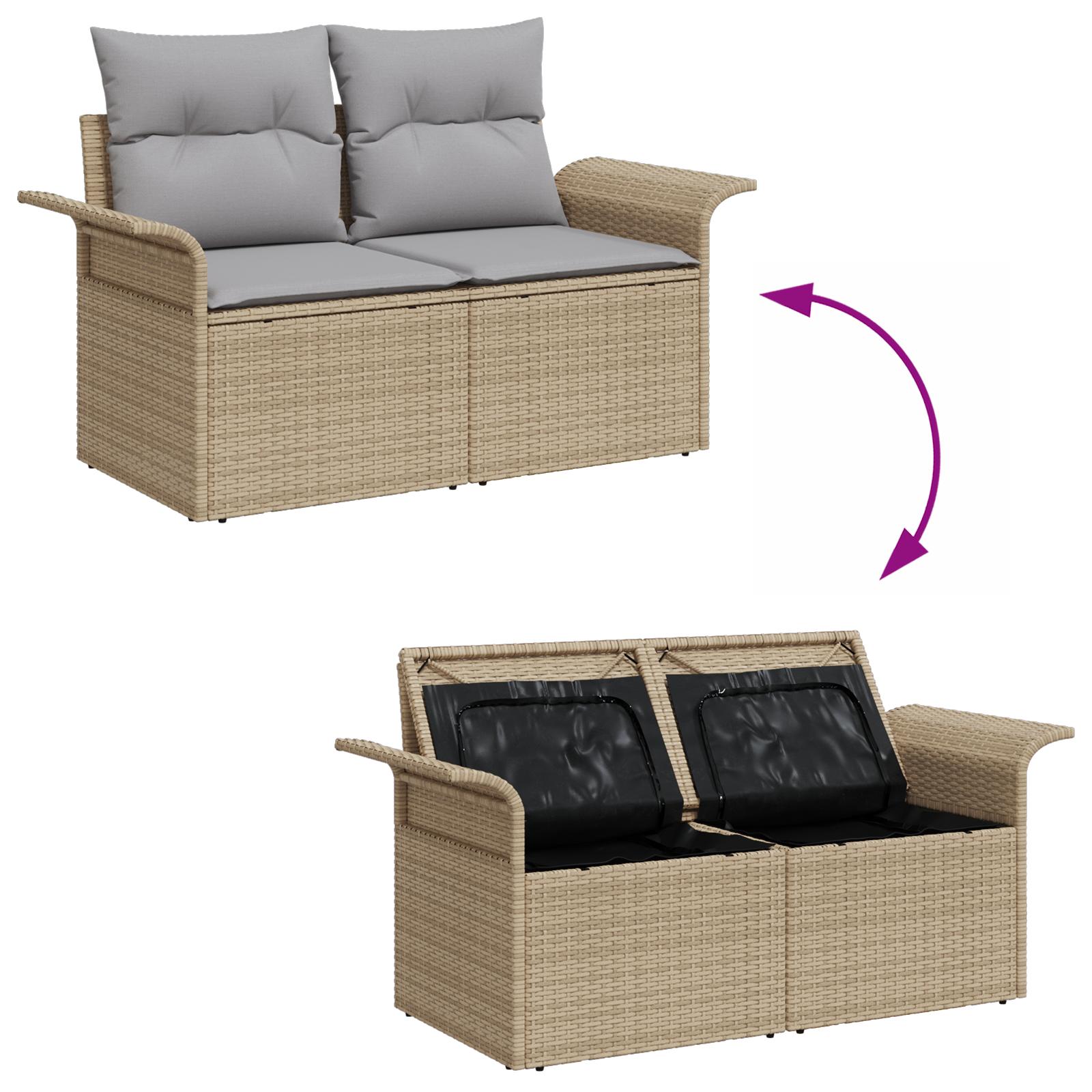 9-delt havemøbel sofa sæt med puder Beige Poly Rattan,  2-personers havemøbel sofa med opbevaring & puder Beige Poly Rattan
