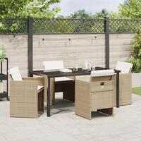 5-delt have spisebord med puder i beige poly rattan, havebord sort 160x80x73 cm med tempereret glas