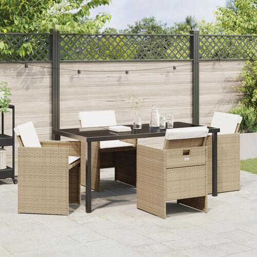 5-delt have spisebord med puder i beige poly rattan, havebord sort 160x80x73 cm med tempereret glas