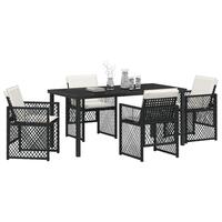 5 Stykker Havemøbelsæt med Hynder Sort Poly Rattan, Havetabel Sort 160x80x73 cm Tempereret Glas