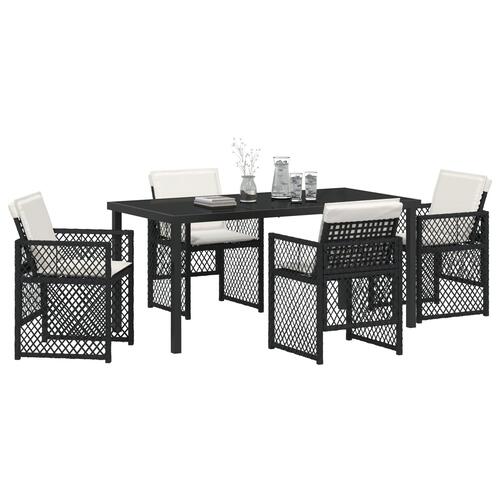 5 Stykker Havemøbelsæt med Hynder Sort Poly Rattan, Havetabel Sort 160x80x73 cm Tempereret Glas