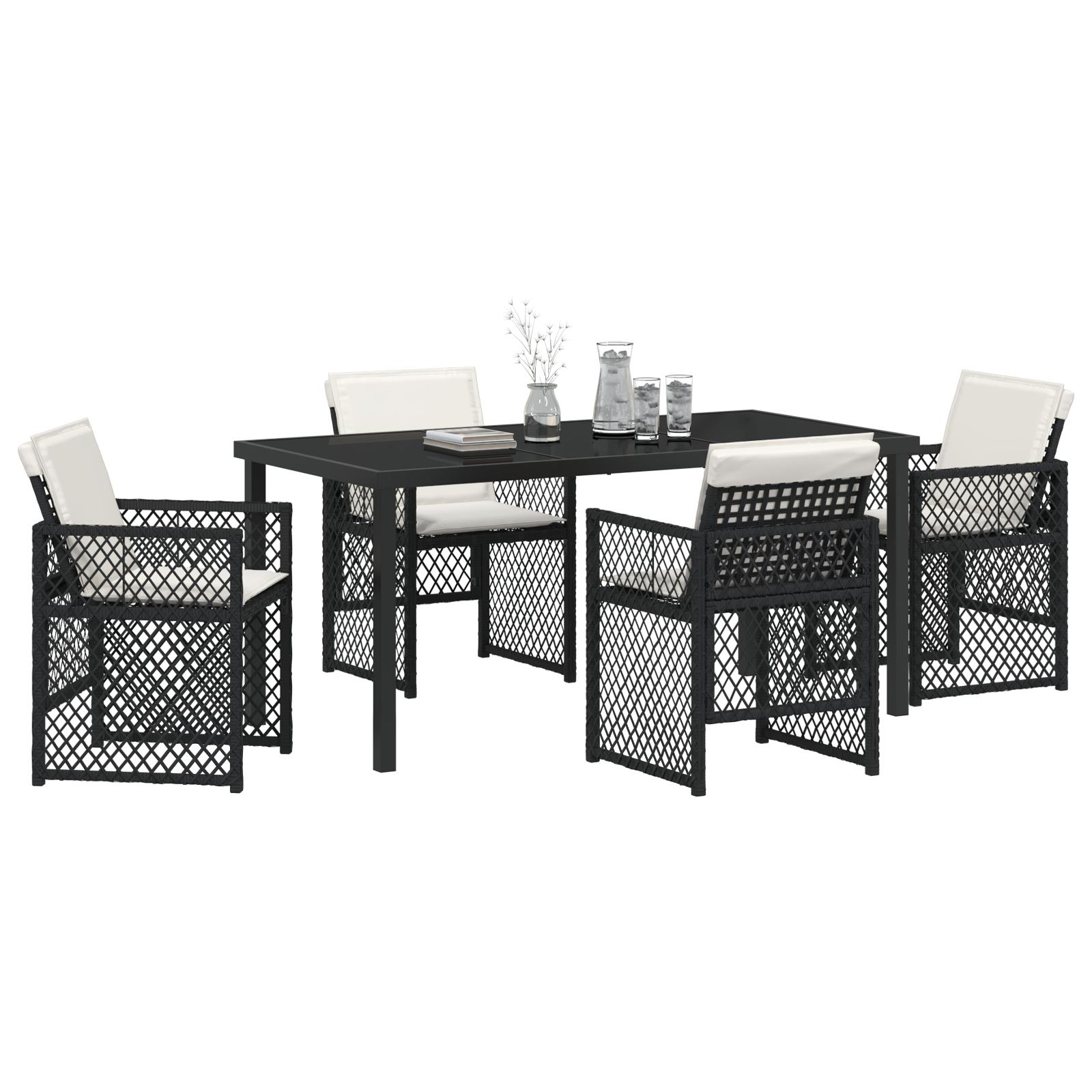 5 Stykker Havemøbelsæt med Hynder Sort Poly Rattan, Havetabel Sort 160x80x73 cm Tempereret Glas