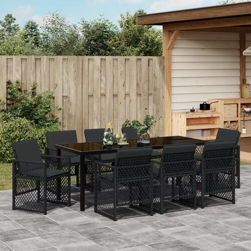 9 Delers Have Spisesæt med Polstring Sort Poly Rattan, Havebord Sort 200x80x73 cm Tempereret Glas