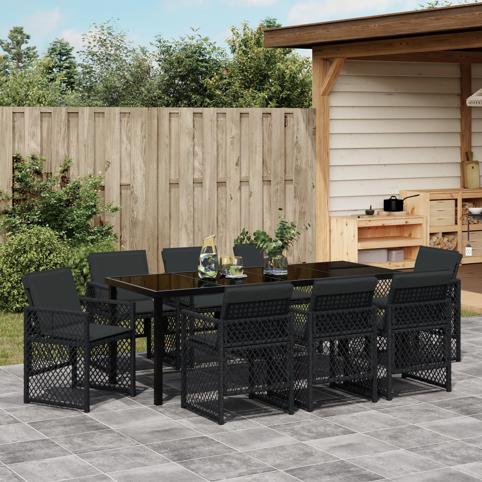 9 Delers Have Spisesæt med Polstring Sort Poly Rattan, Havebord Sort 200x80x73 cm Tempereret Glas