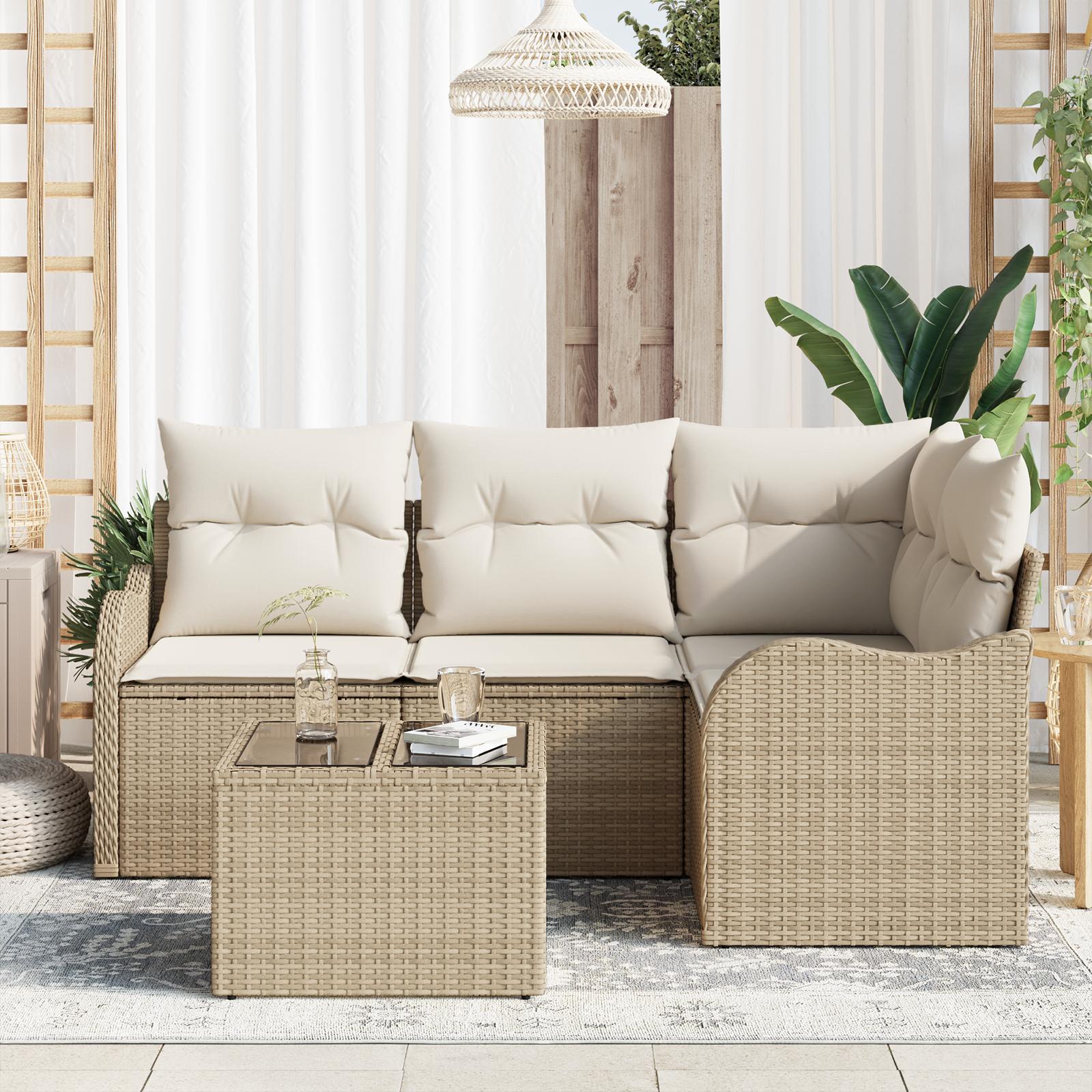5 Piece Have Sofa Sæt med puder Brun Poly Rattan,  2-Sæders Have Sofa med puder Beige Poly Rattan