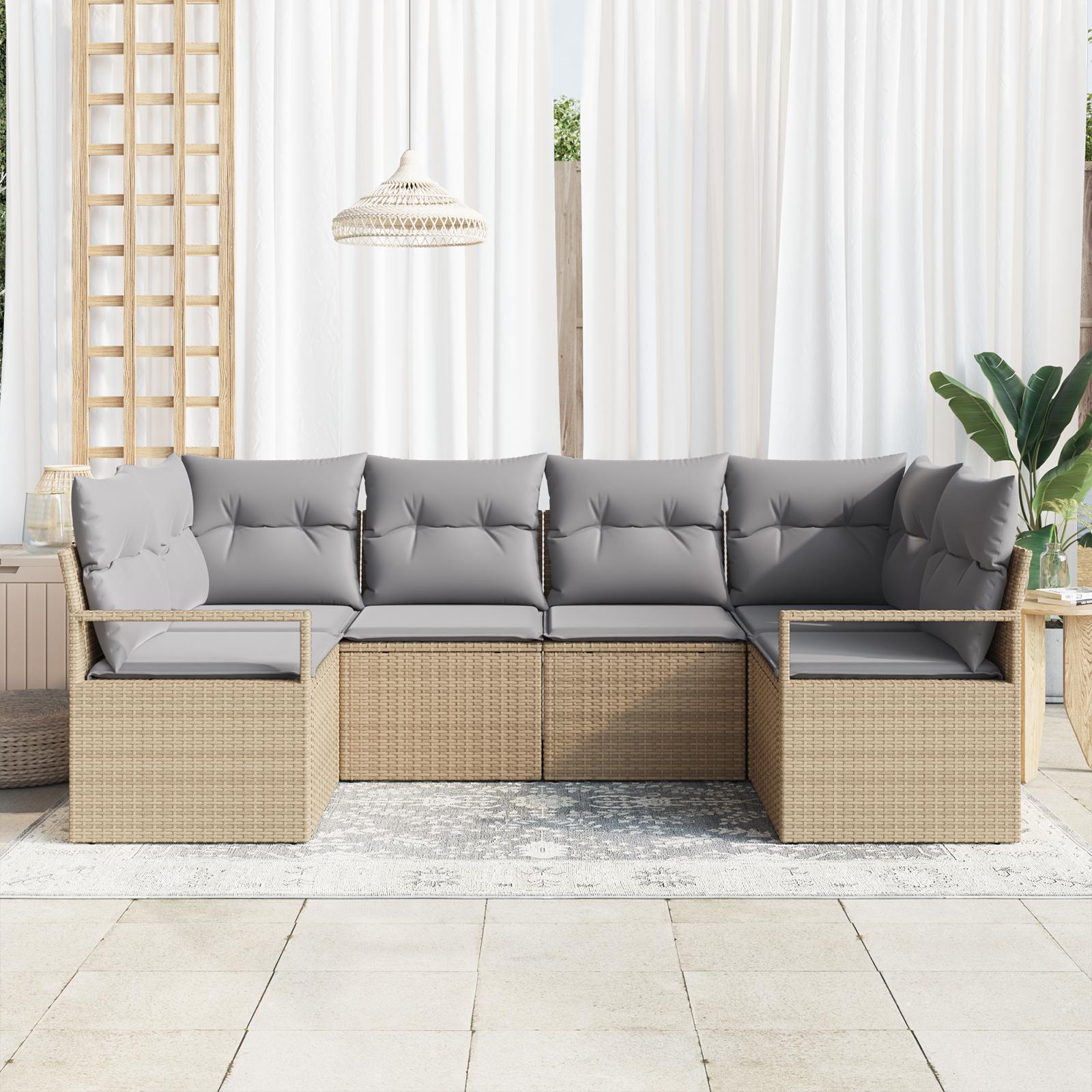 6 Stykker Have Sofa Sæt med Puder Beige Poly Rattan,  2-Personers Have Sofa med Puder Beige Poly Rattan