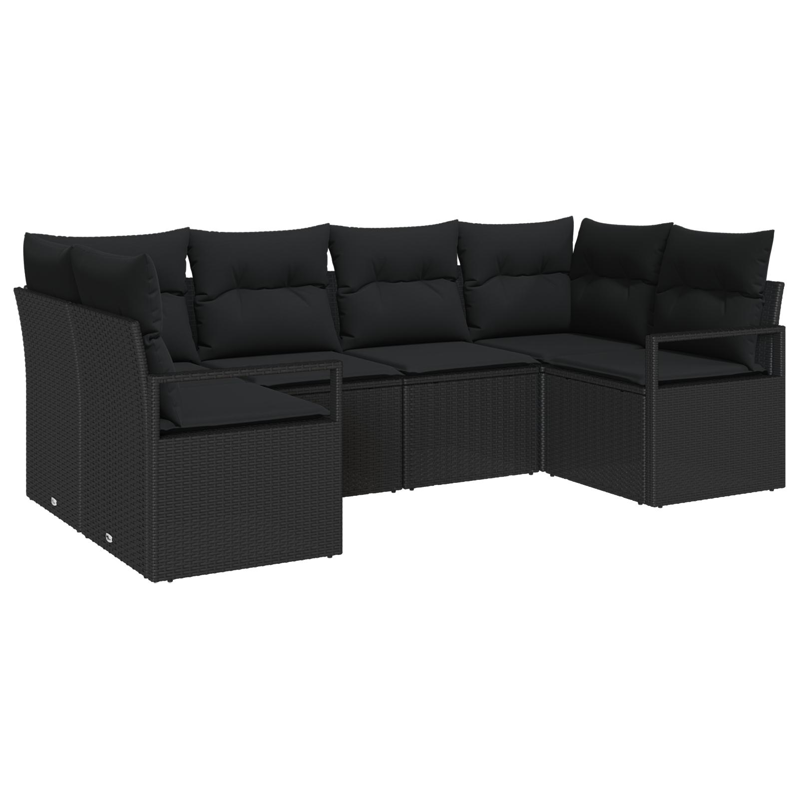 6 Stykke Have Sofa Sæt med Puder Sort Poly Rattan,  2-personers Have Sofa med Puder Sort Poly Rattan
