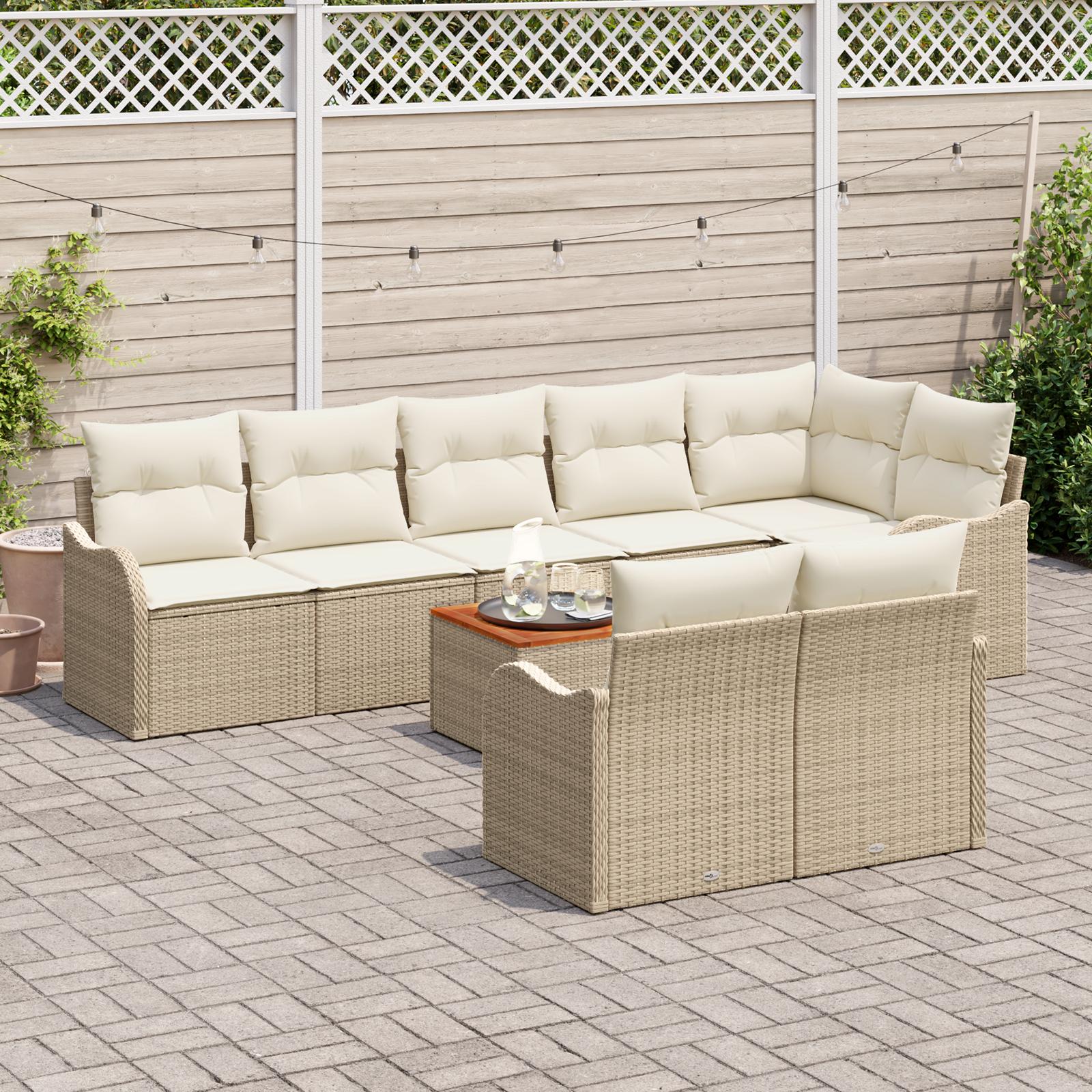 9 Deles Have Sofa Sæt med Hynder Beige Poly Rattan Akacia,  2-sæders Have Sofa med Hynder Beige Poly Rattan