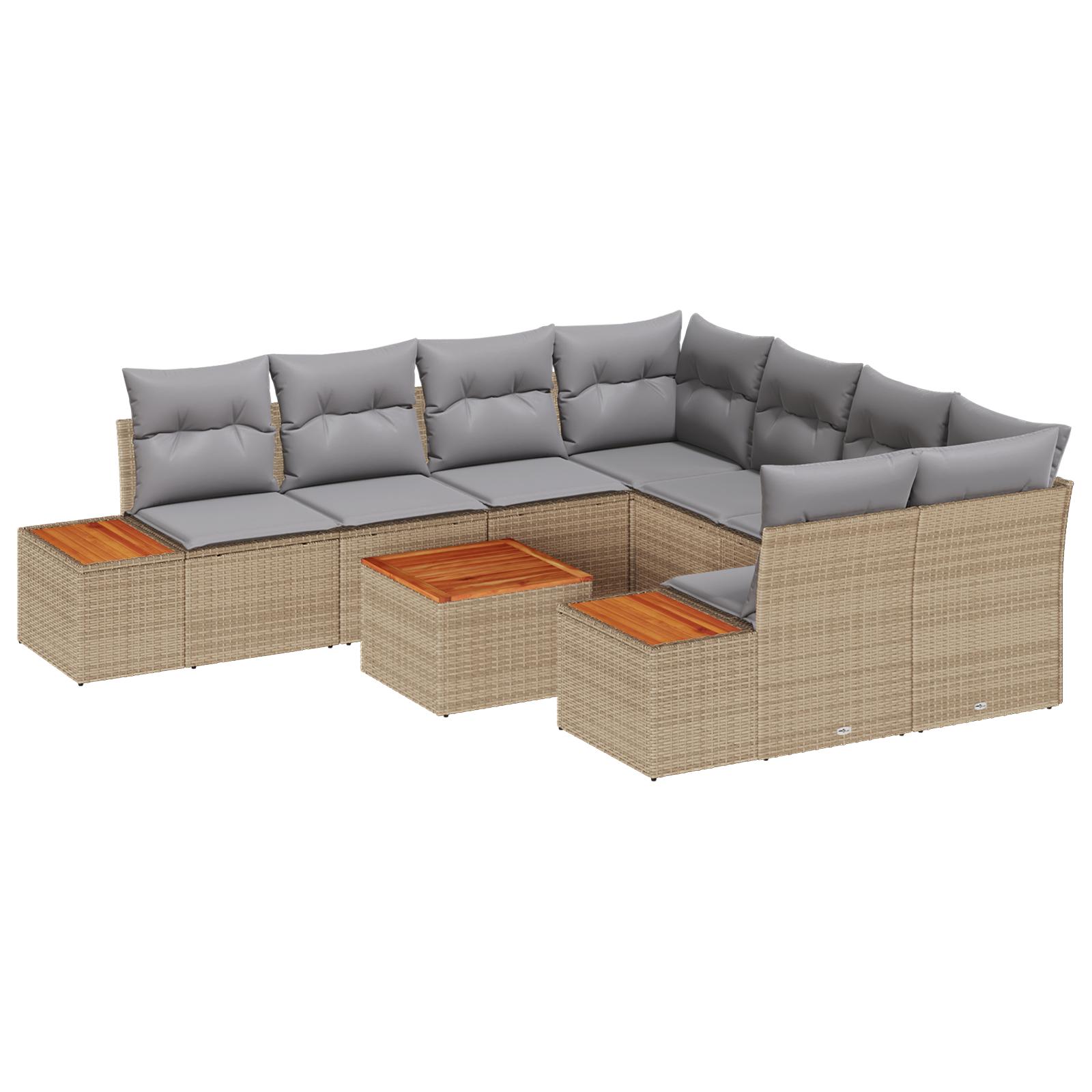 9 Stykker Have Sofa Sæt med Hynder Beige Poly Rattan Teak