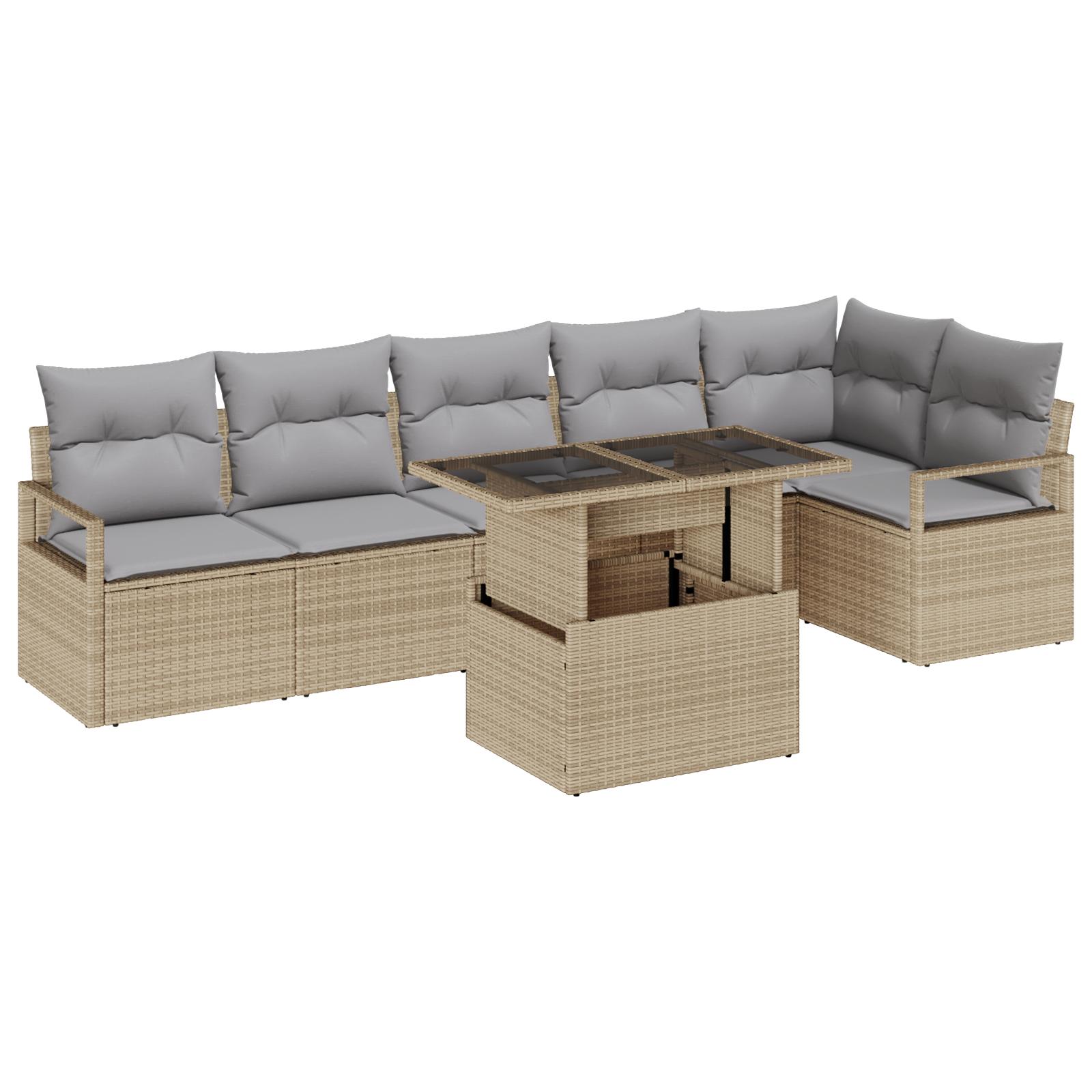7-delt Have Sofa Sæt Med Puder Beige Poly Rattan,  2-sæders Have Sofa Med Puder Beige Poly Rattan
