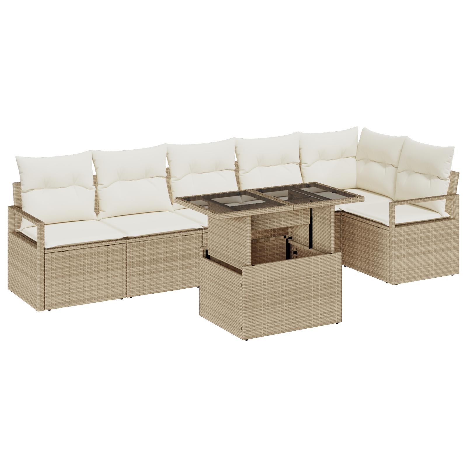 7-Delers Have Sofa Sæt Med Puder Beige Poly Rattan,  2-Personers Have Sofa Med Puder Beige Poly Rattan