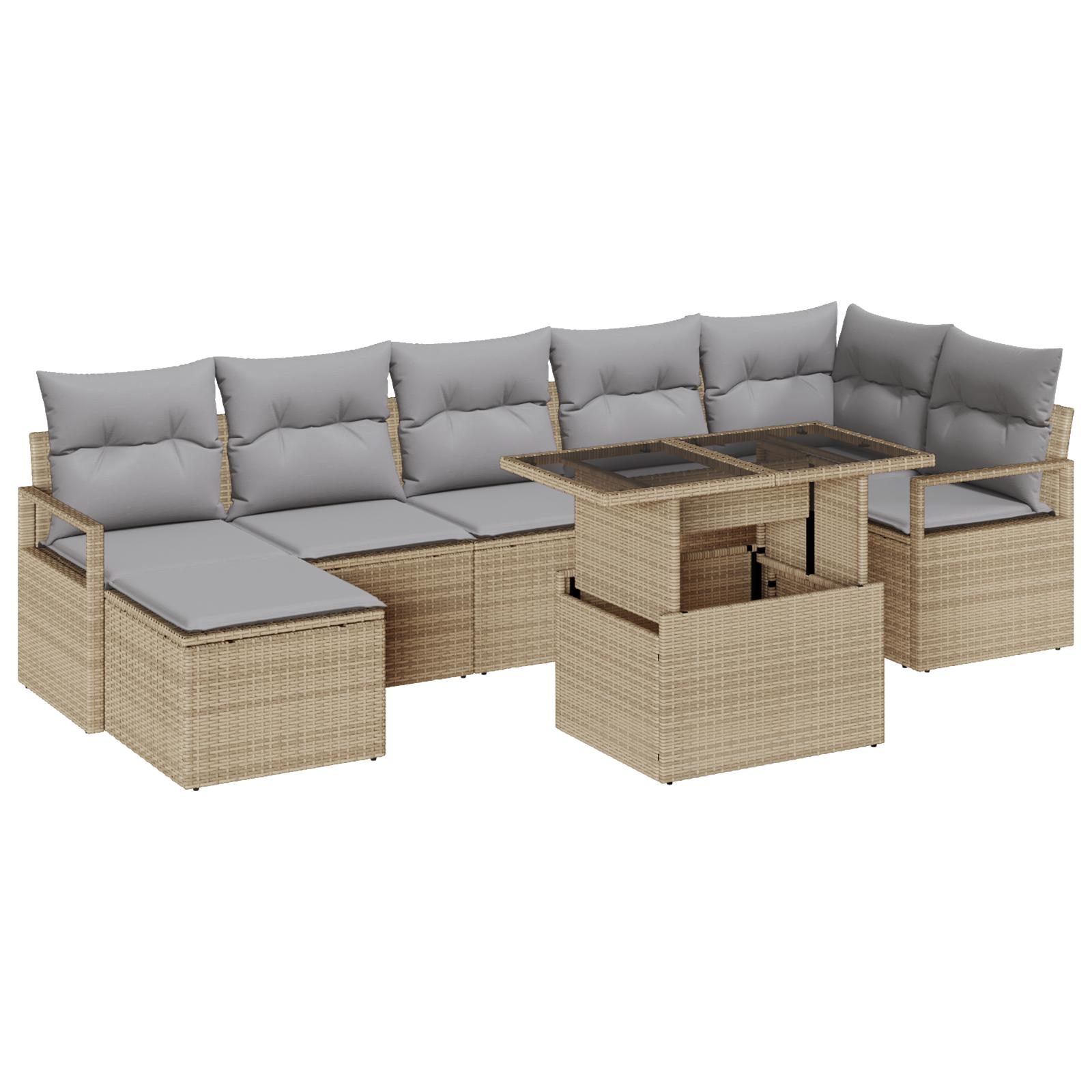 8-dels Have Sofa Set med Puder Beige Poly Rattan,  2-sæders Have Sofa med Puder Beige Poly Rattan