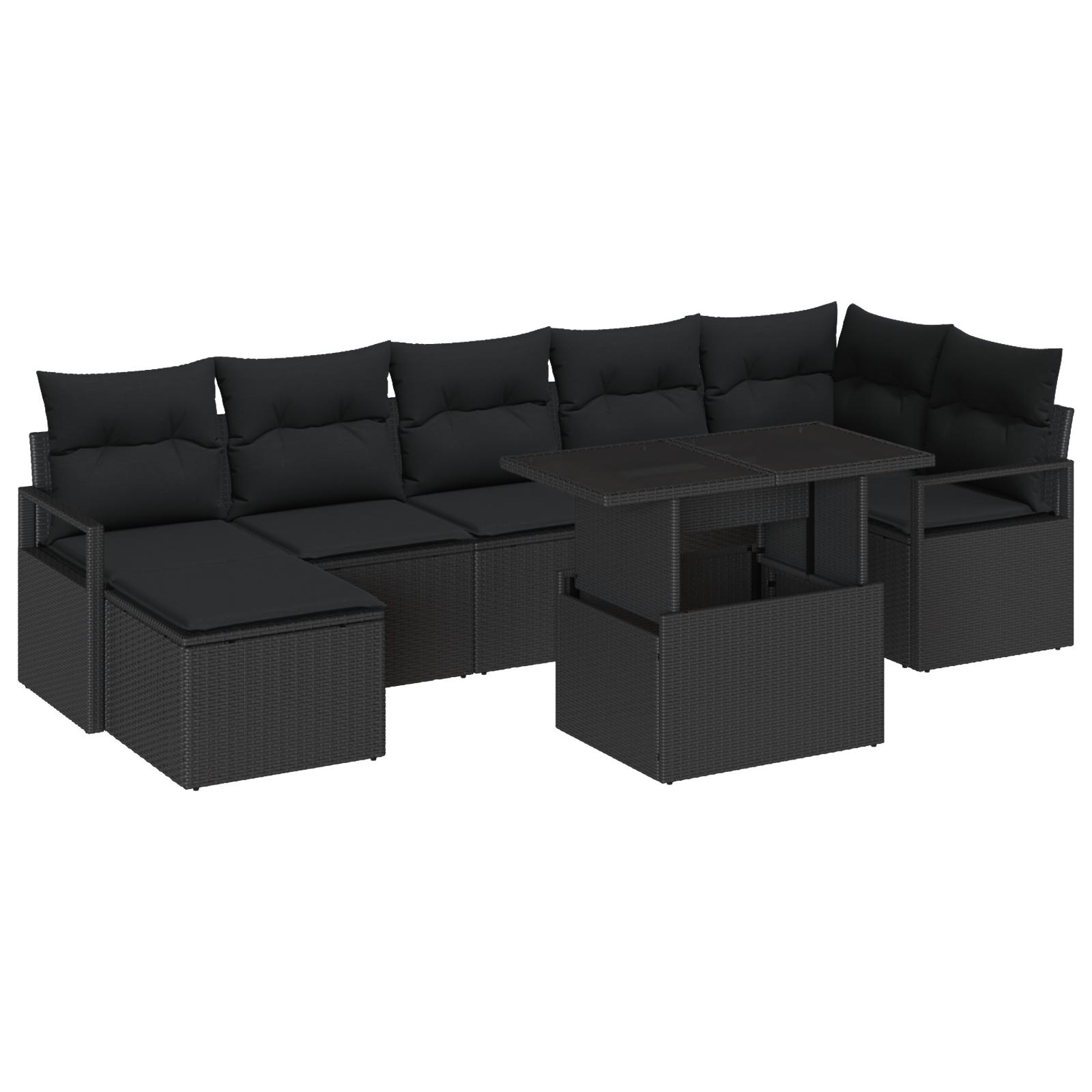 8 Styks Have Sofa Sæt med Puder Sort Poly Rattan,  2-personers Have Sofa med Puder Sort Poly Rattan