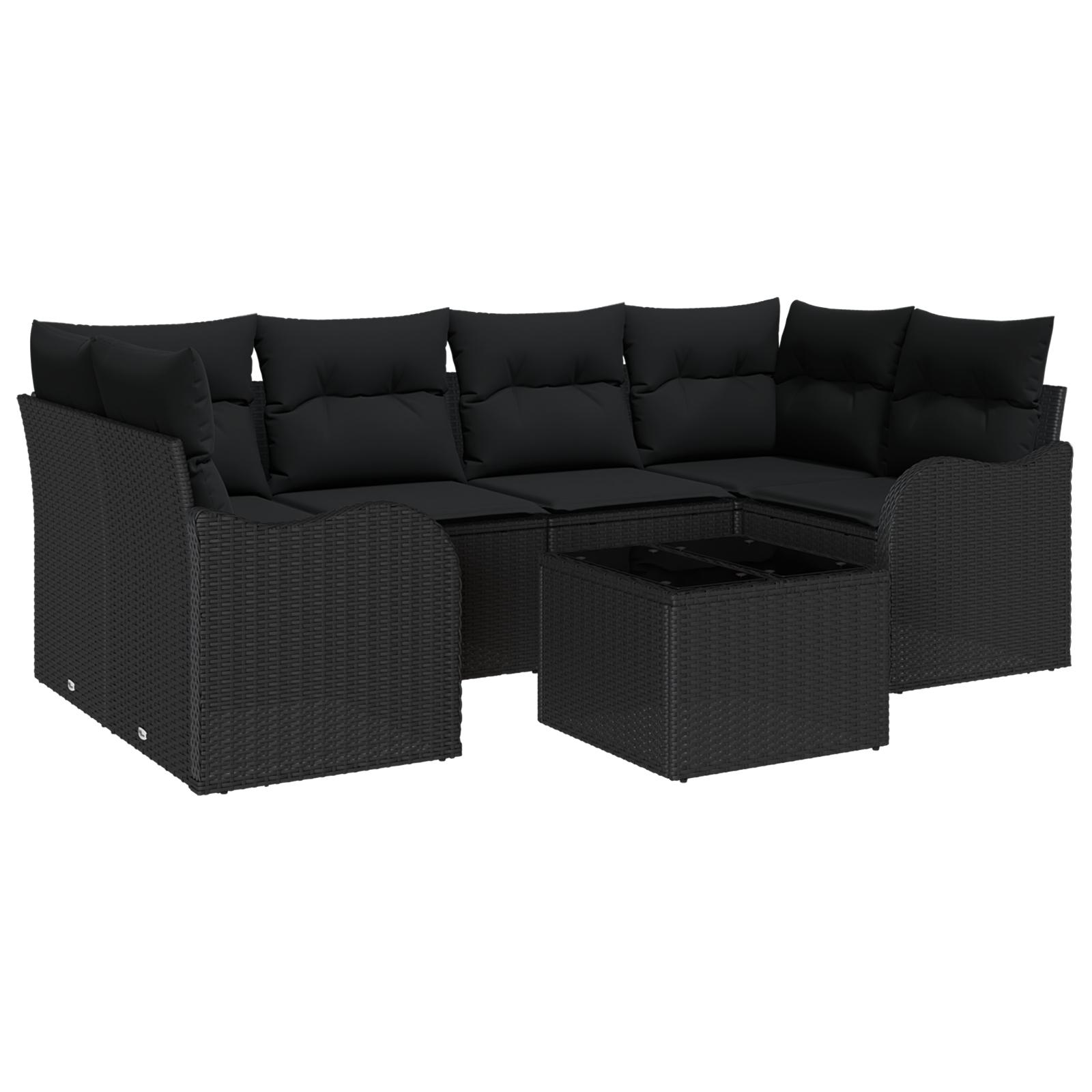 7 Stykker Have Sofa Sæt med Puder Sort Polyrattan,  2-Sæders Have Sofa med Opbevaring & Puder Sort Polyrattan