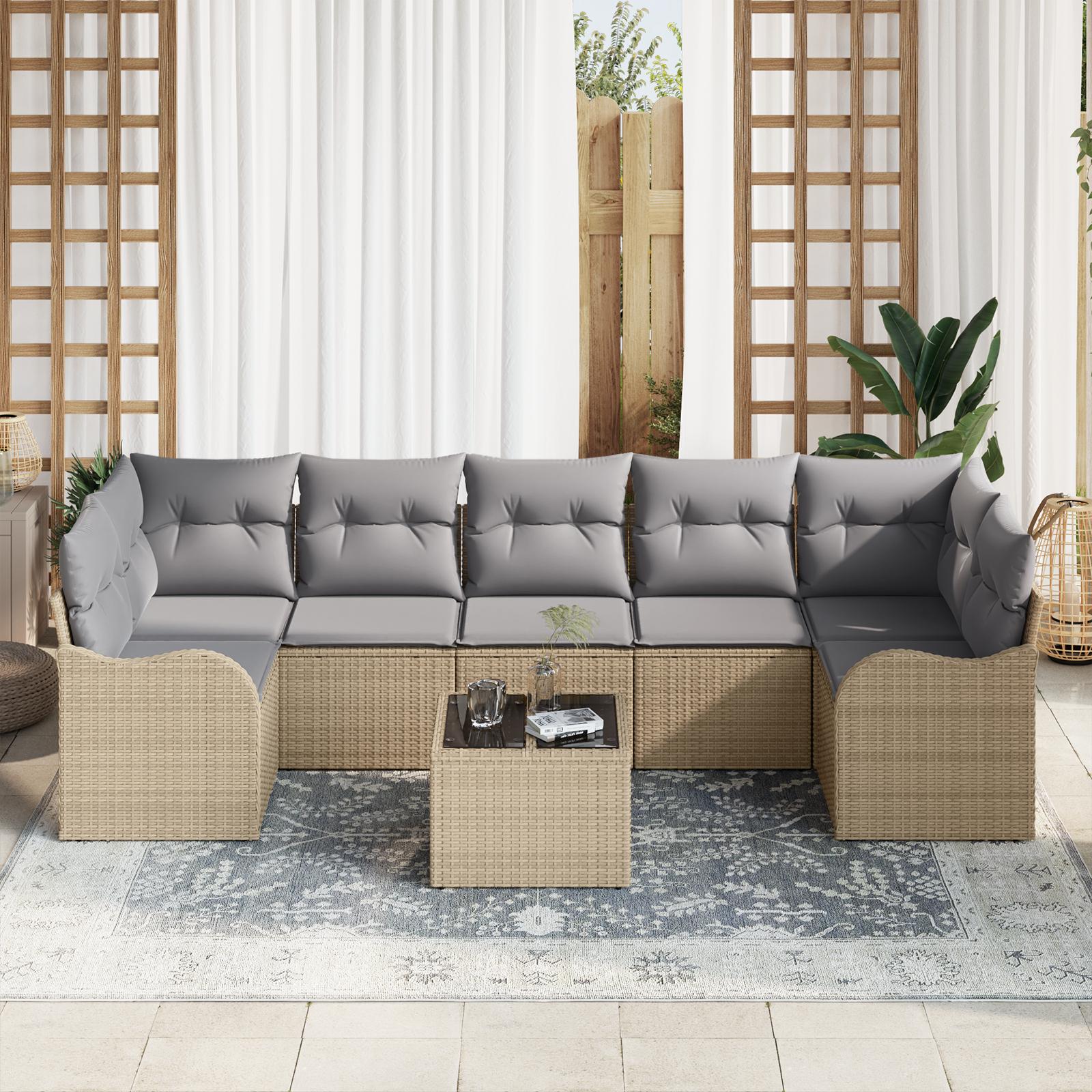 8-delt have sofa sæt med puder beige poly rattan,  2-personers have sofa med opbevaring & puder beige poly rattan