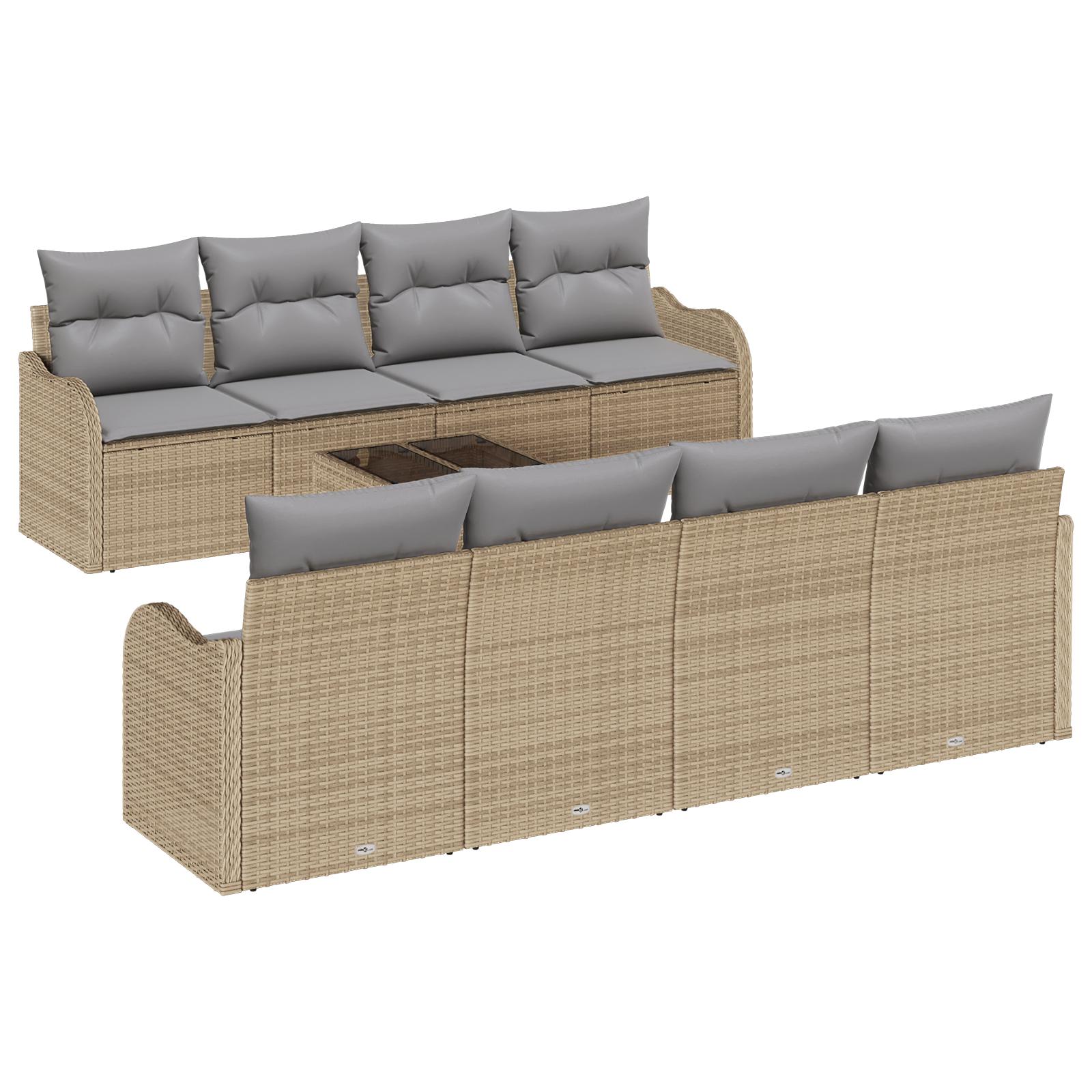 9-delt Have Sofa Sæt med Puder Beige Poly Rattan,  2-personers Have Sofa med Opbevaring & Puder Beige Poly Rattan