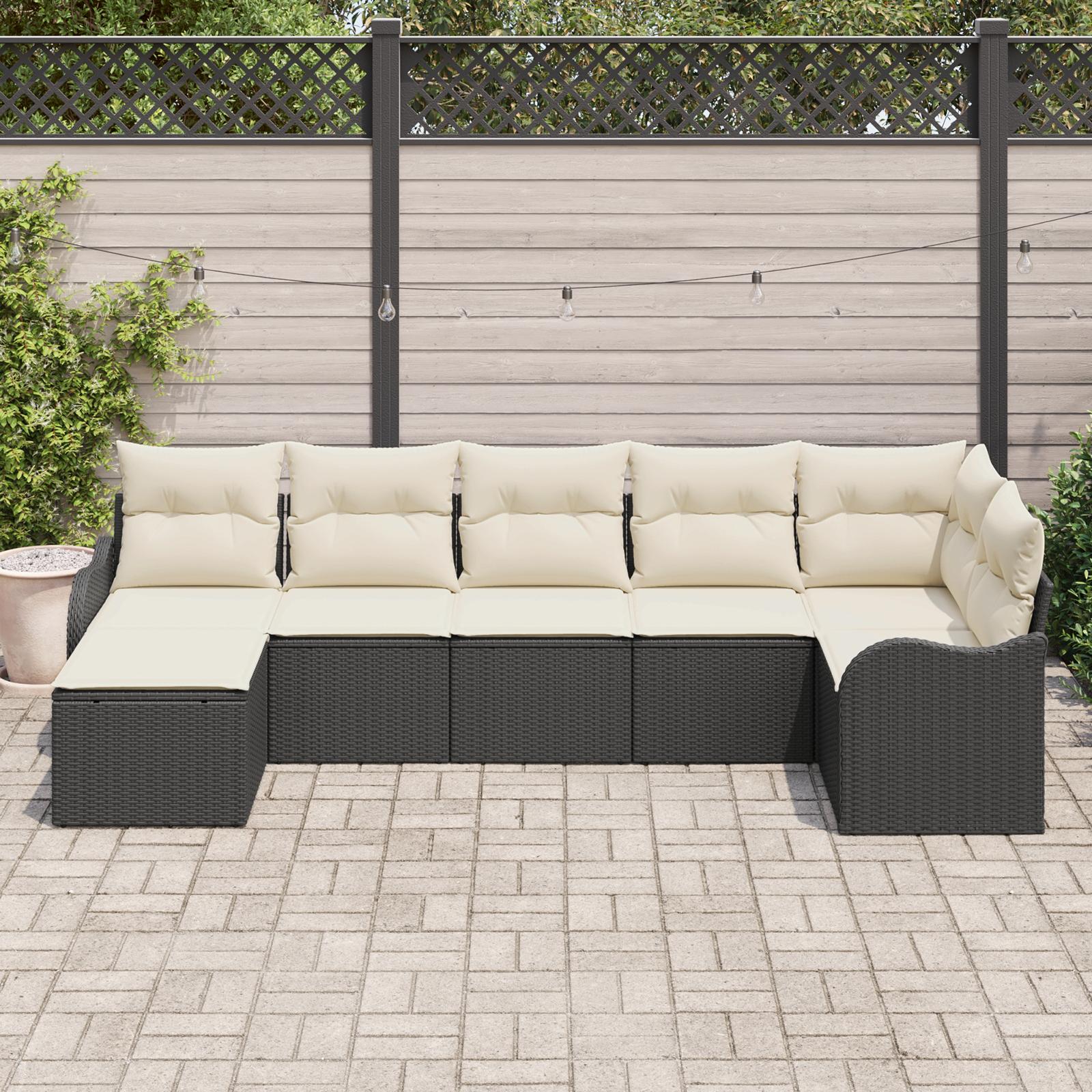7 Stykke Have Sofa Sæt med Puder Sort Poly Rattan,  2-Personers Have Sofa med Opbevaring & Puder Sort Poly Rattan
