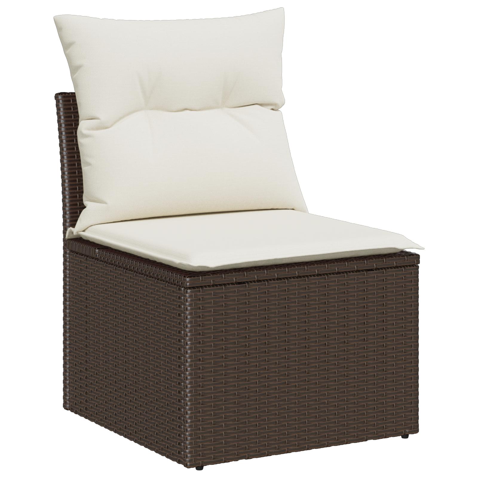 7 Piece Have Sofa Sæt med Puder Brun Poly Rattan,  2-Sæders Have Sofa med Opbevaring & Puder Brun Poly Rattan