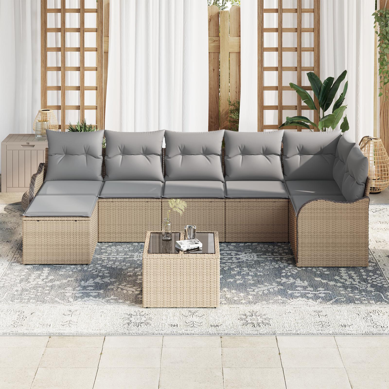 Modulært havesofa-sæt med puder, 8 dele - beige/lysegrå polyrattan billede