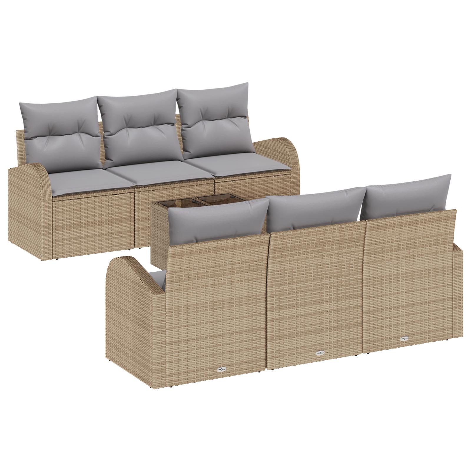 7-delers Have Sofa Sæt med Puder Beige Poly Rattan,  2-personers Have Sofa med Opbevaring & Puder Beige Poly Rattan