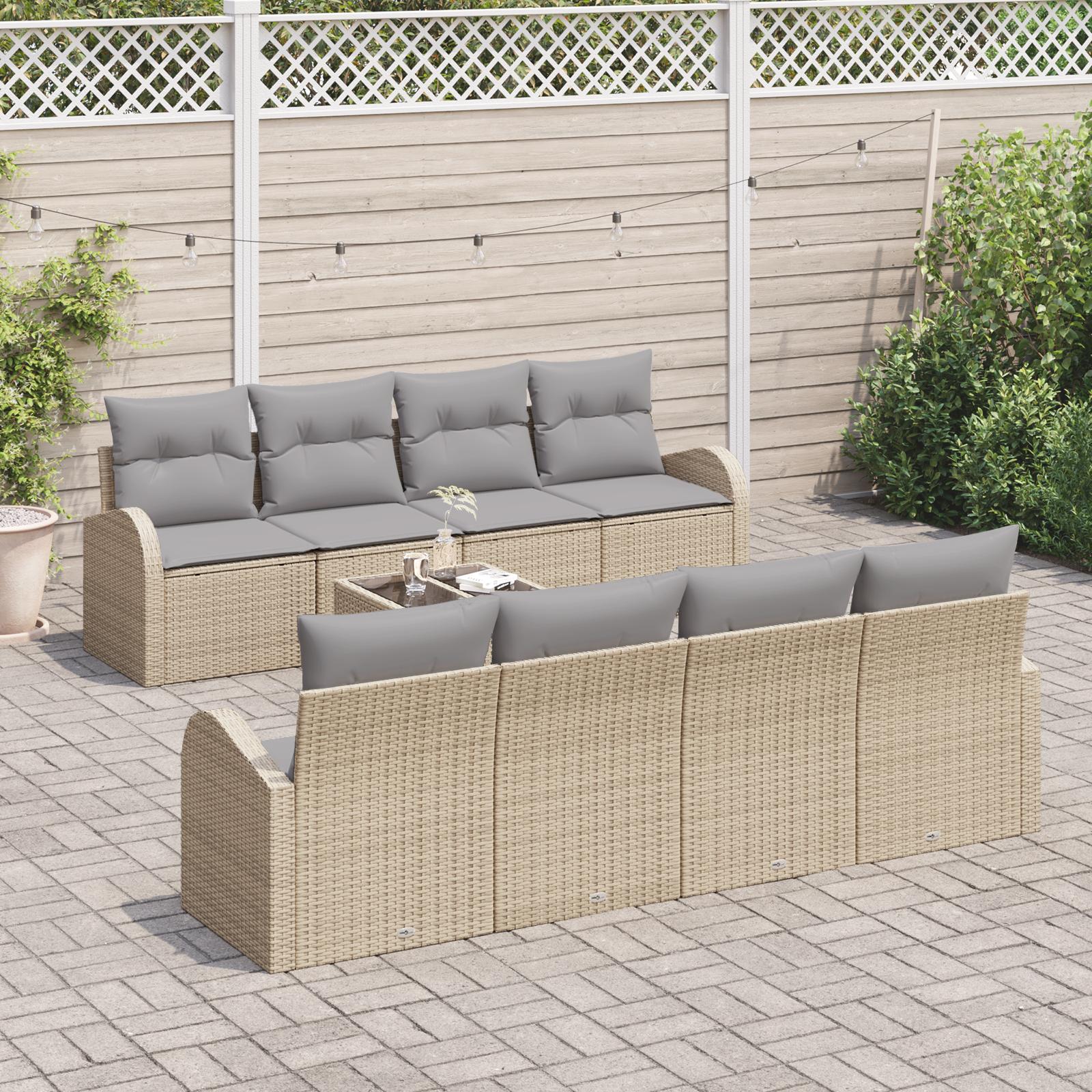 9-delt have sofa sæt med puder Beige Poly Rattan,  2-personers have sofa med opbevaring & puder Beige Poly Rattan