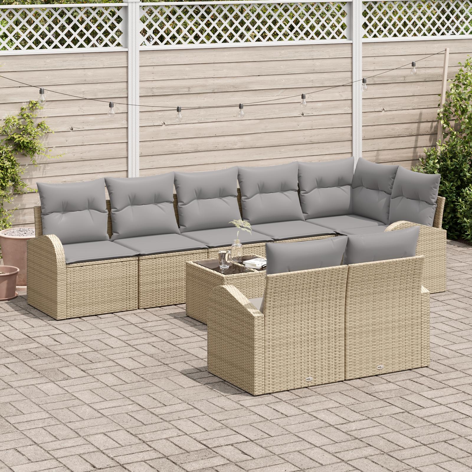 Havesofa sæt med puder, 9 dele - beige/lysegrå polyrattan