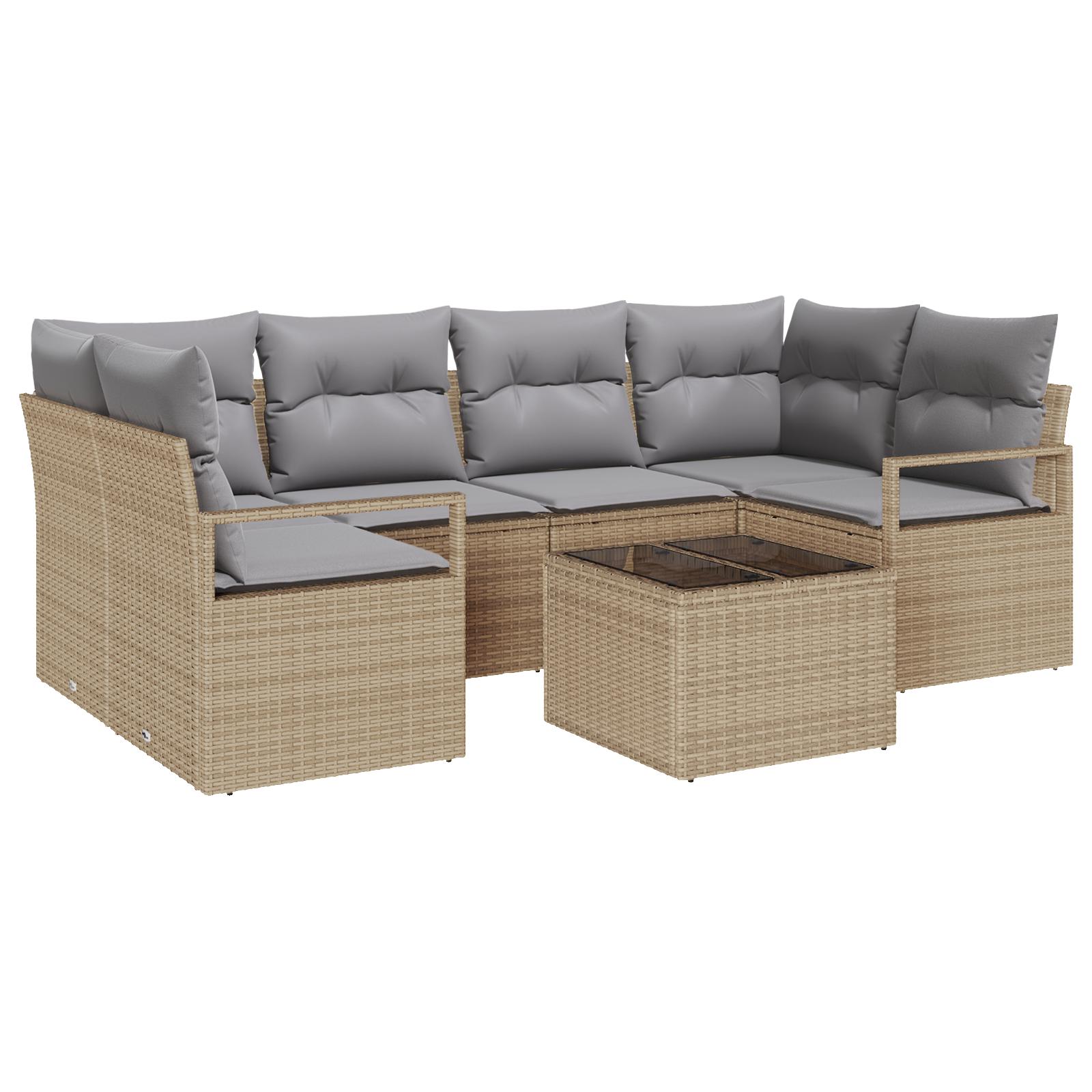 7 dele have sofa sæt med puder beige poly rattan,  2-personers have sofa med opbevaring & puder beige poly rattan