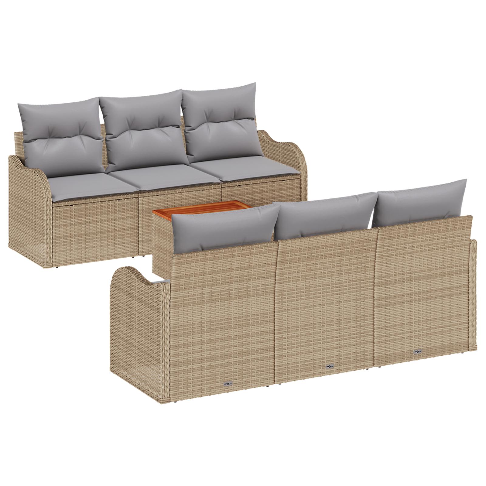 7-delt Havemøbel Sofa Set med Puder Beige Polyrattan Akacia,  2-personers Havemøbel Sofa med Opbevaring & Puder Beige Polyrattan