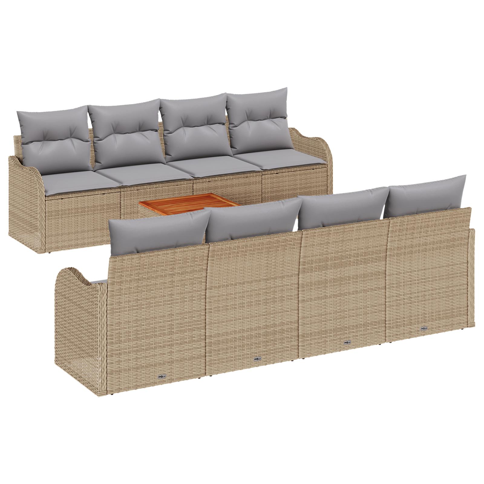 9 Delers Have Sofa Sæt med Hynder Beige Poly Rattan Akacia,  2-personers Have Sofa med Opbevaring & Hynder Beige Poly Rattan