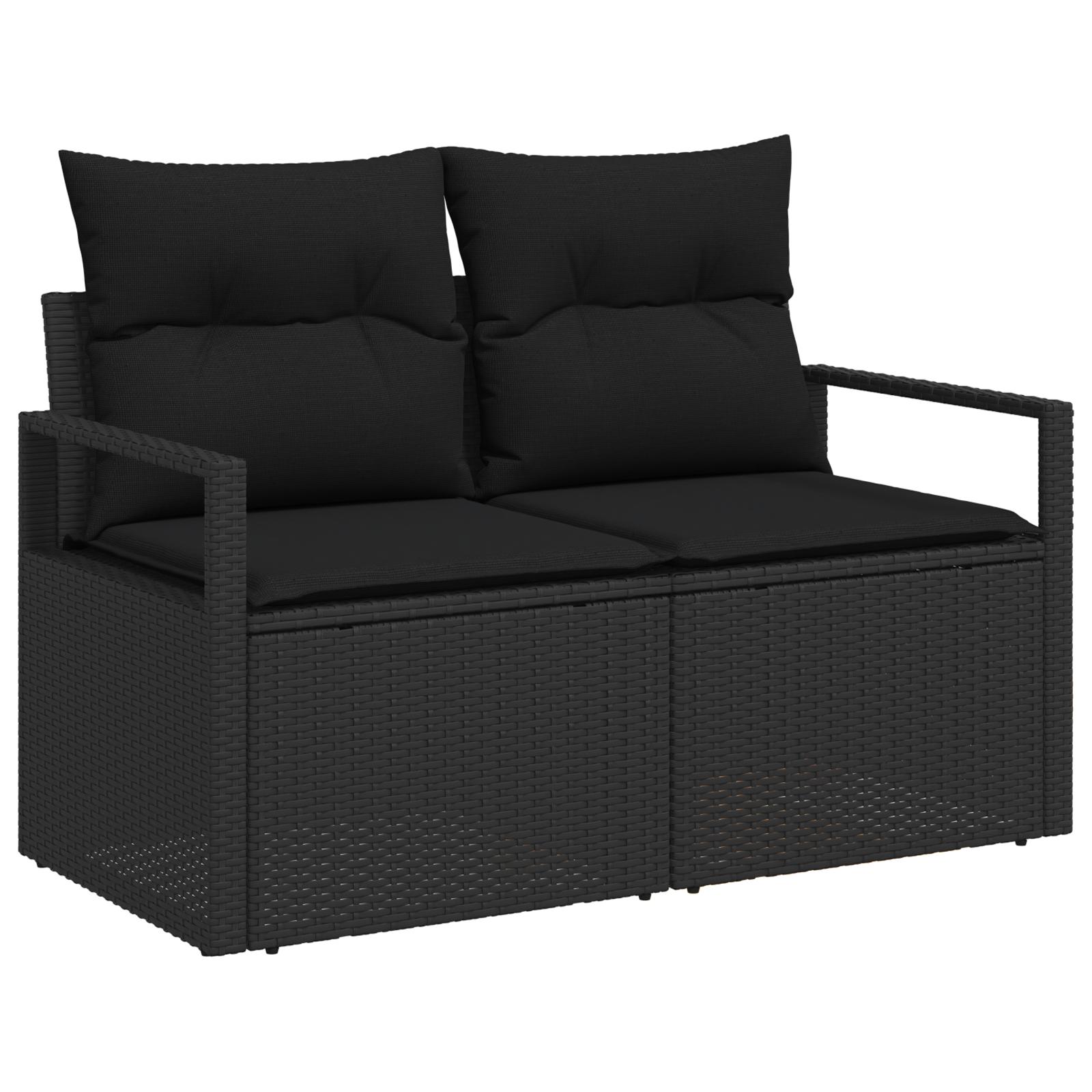 9 Stk Havesofa Sæt med Puder Sort Poly Rattan,  2-personers Havesofa med Opbevaring & Puder Sort Poly Rattan